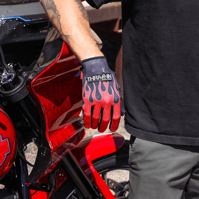 THRASHIN SUPPLY CO. 3301-5366 Stealth Leather Palm Flame Gloves - Red - Small — image 7 of 7