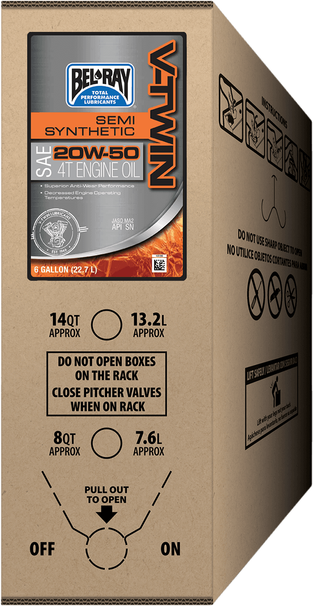 BEL-RAY 3601-0834 V-Twin Semi-Synthetic Oil - 20W-50 - 6 U.S. gal. - Bag-In-Box