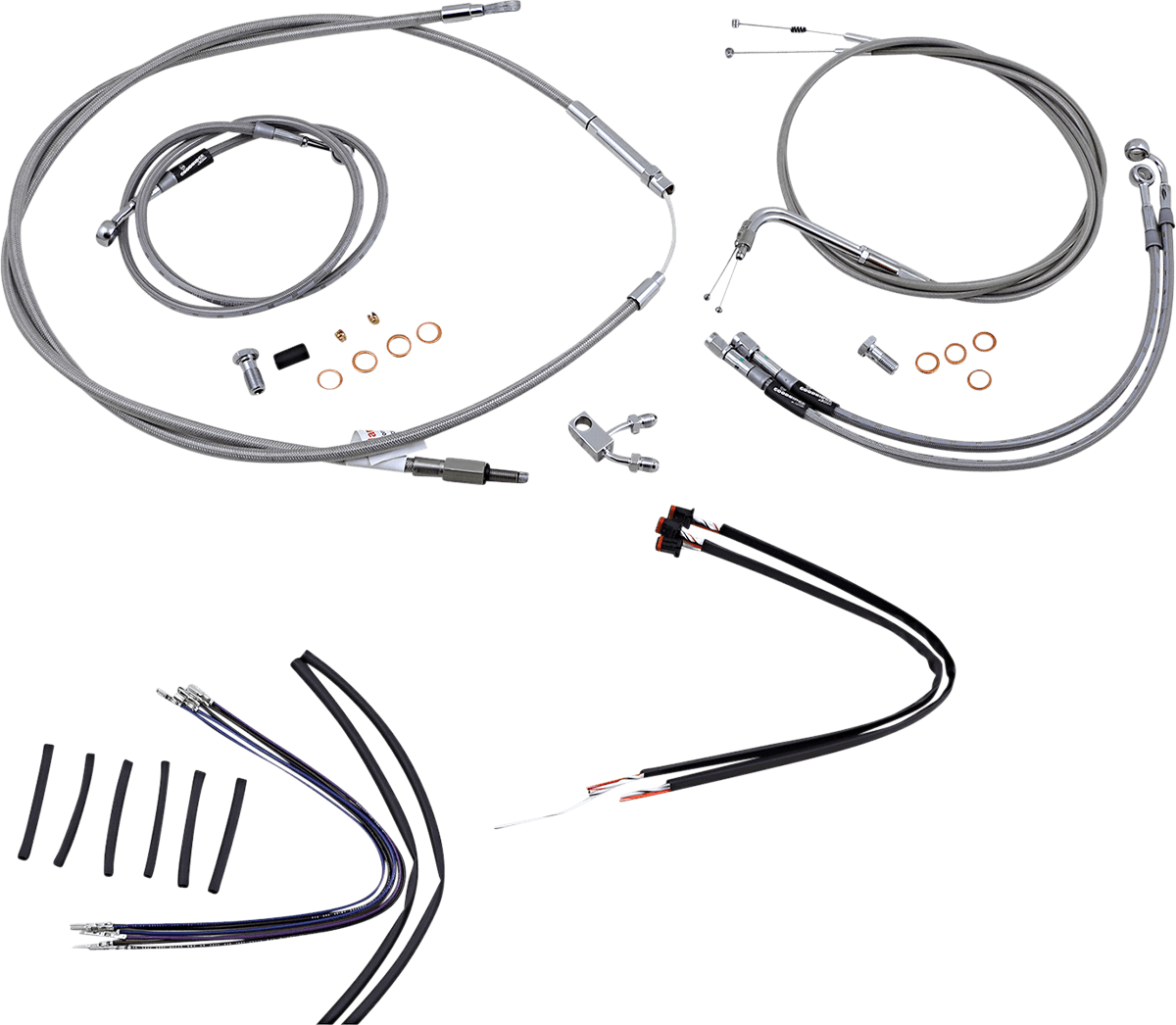 BURLY BRAND 0610-1663 Complete Stainless Braided Handlebar Cable/Brake Line Kit - 14" Ape Hangers - '11-'15 Softail