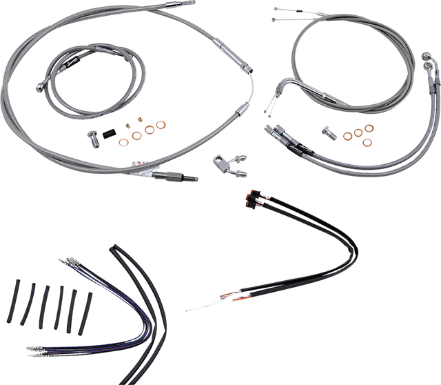 BURLY BRAND 0610-1663 Complete Stainless Braided Handlebar Cable/Brake Line Kit - 14" Ape Hangers - '11-'15 Softail