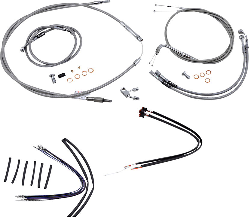 BURLY BRAND 0610-1663 Complete Stainless Braided Handlebar Cable/Brake Line Kit - 14" Ape Hangers - '11-'15 Softail