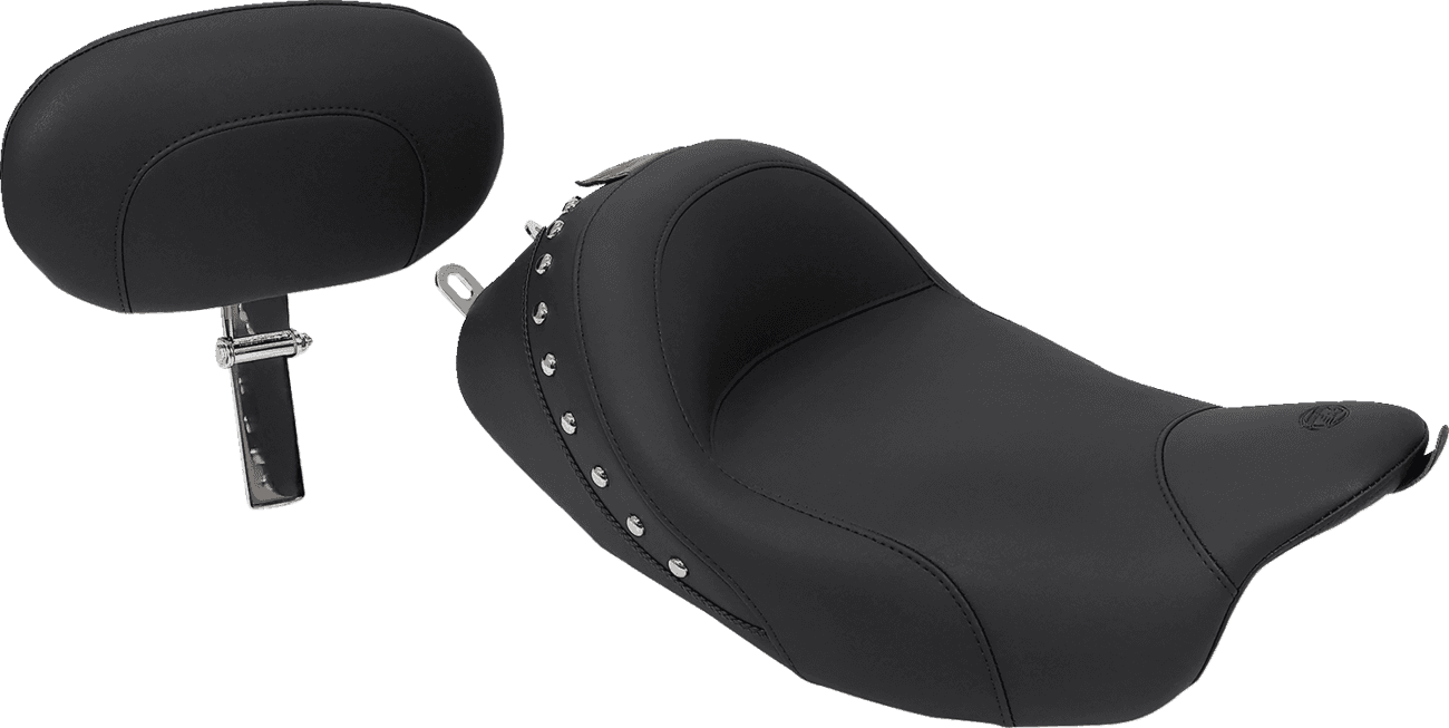 MUSTANG 0801-0464 Wide Solo Seat - With Backrest - Black - Studded w/ Concho - FLH/FLT '08-'25