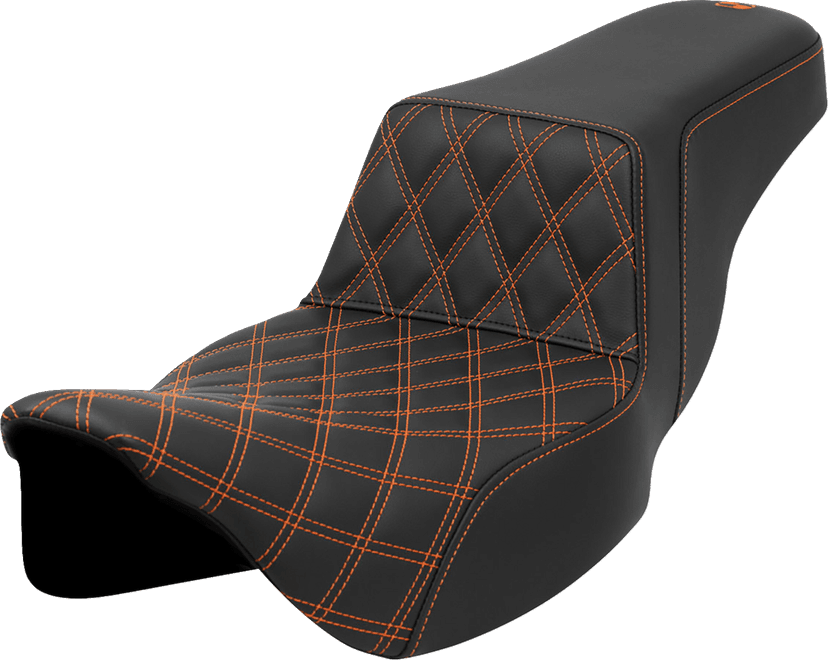 SADDLEMEN 0801-1579 Step-Up Seat - Front Lattice Stitch - Orange Stitch - Extended Reach - FLH/FLT '08-'23 — image 1 of 2