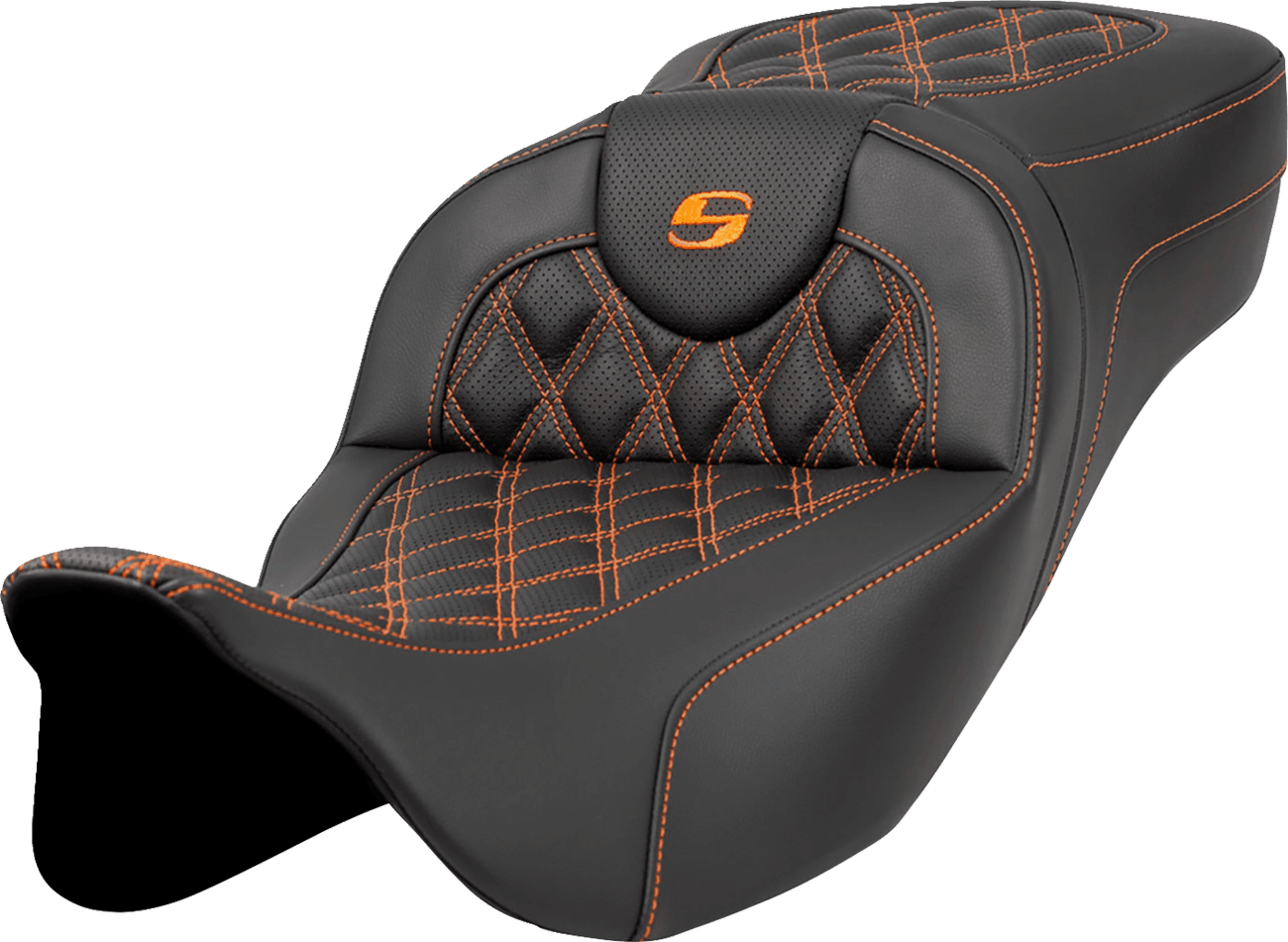 SADDLEMEN 0801-1591 Extended Reach Roadsofa™ Seat - Lattice Stitch - Orange Stitch - without Backrest - FL '08-'24
