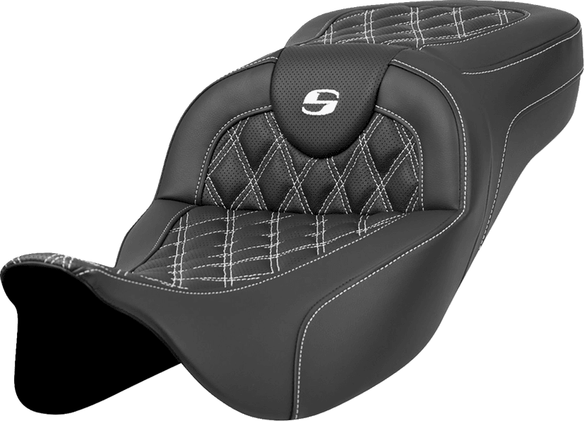 SADDLEMEN 0801-1592 Extended Reach Roadsofa™ Seat - Lattice Stitch - White Stitch - without Backrest - FL '08-'24 — image 1 of 2