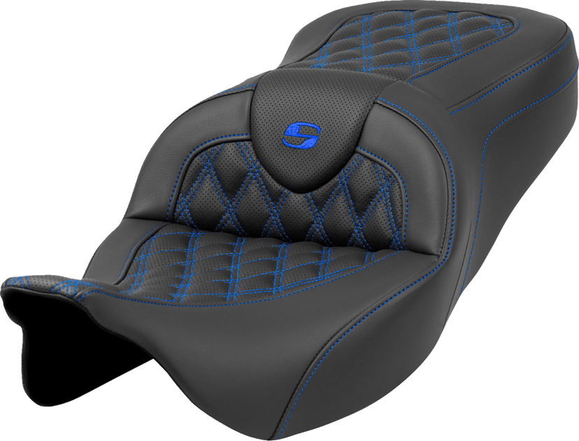 SADDLEMEN 0801-1594 Roadsofa™ Seat - Lattice Stitch - Blue Stitch - without Backrest - FLH/FLT '08-'23