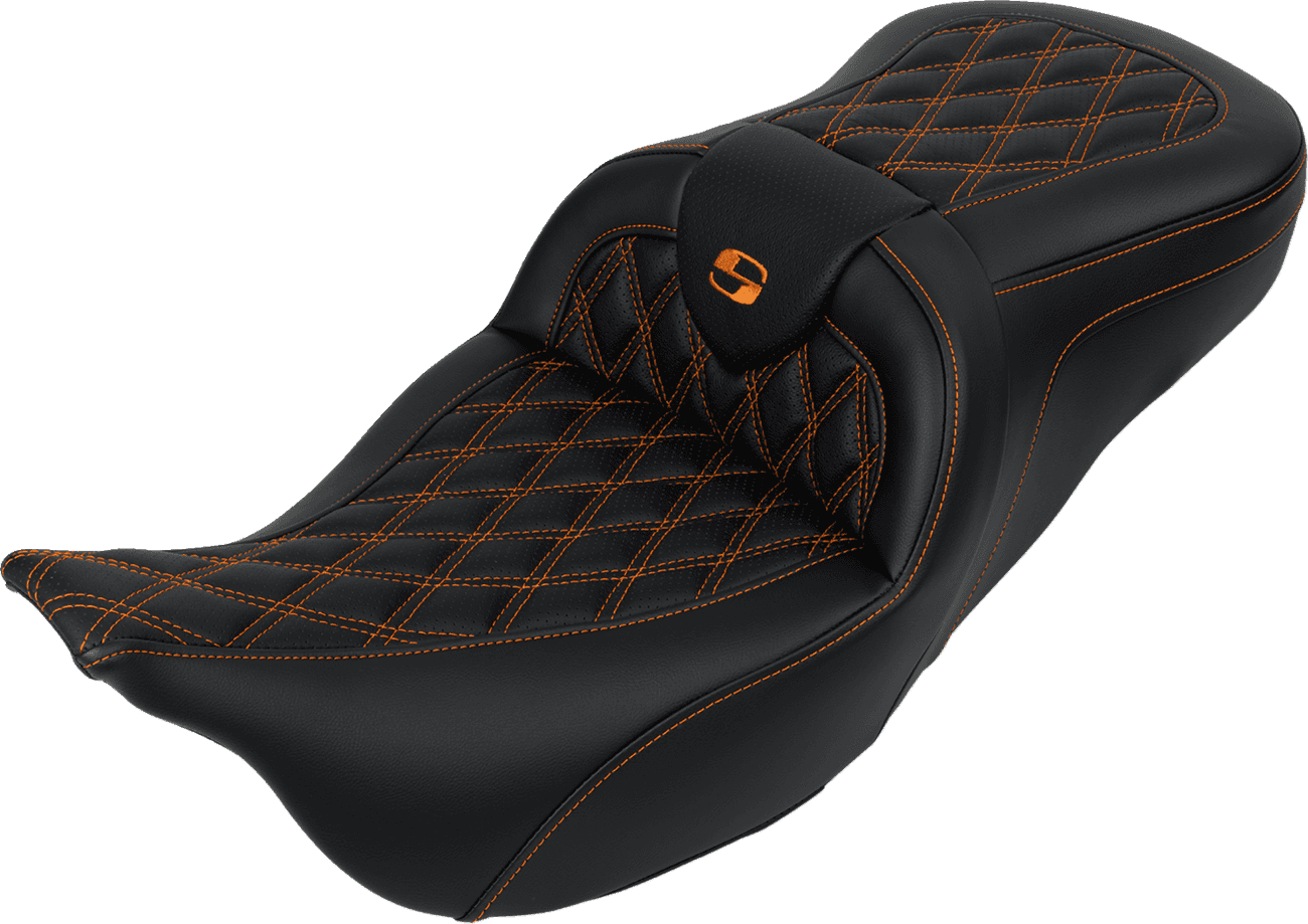 SADDLEMEN 0801-1608 Roadsofa™ Seat - with Backrest - Orange Stitch - FL '08-'23