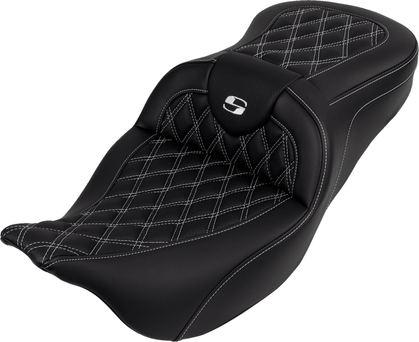 SADDLEMEN 0801-1611 Roadsofa™ Seat - with Backrest - White Stitch - FL '08-'23 — image 1 of 5