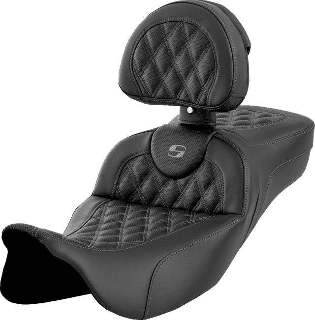 SADDLEMEN 0801-1620 Roadsofa™ Extended Reach Seat - Lattice Stitch - Dark Gray Stitch - with Backrest - FL '08-'24 — image 1 of 2