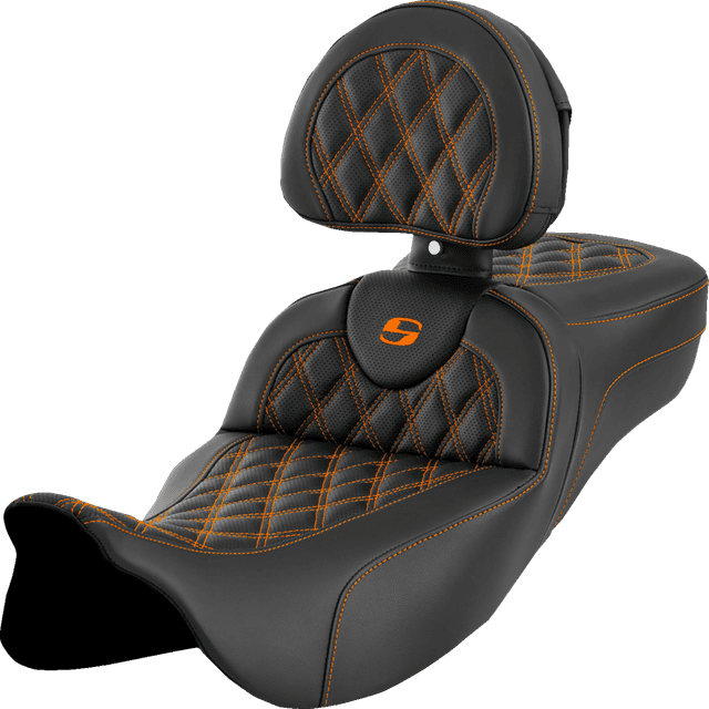 SADDLEMEN 0801-1621 Roadsofa™ Extended Reach Seat - Lattice Stitch - Orange Stitch - with Backrest - FL '08-'24 — image 1 of 2