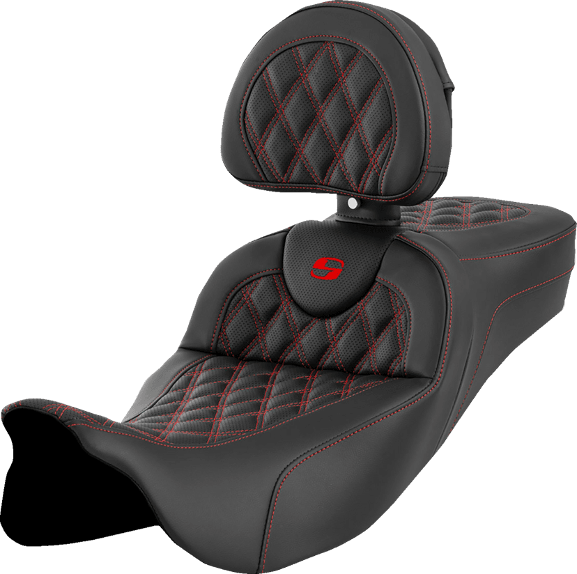 SADDLEMEN 0801-1622 Roadsofa™ Extended Reach Seat - Lattice Stitch - Red Stitch - with Backrest - FL '08-'24 — image 1 of 2