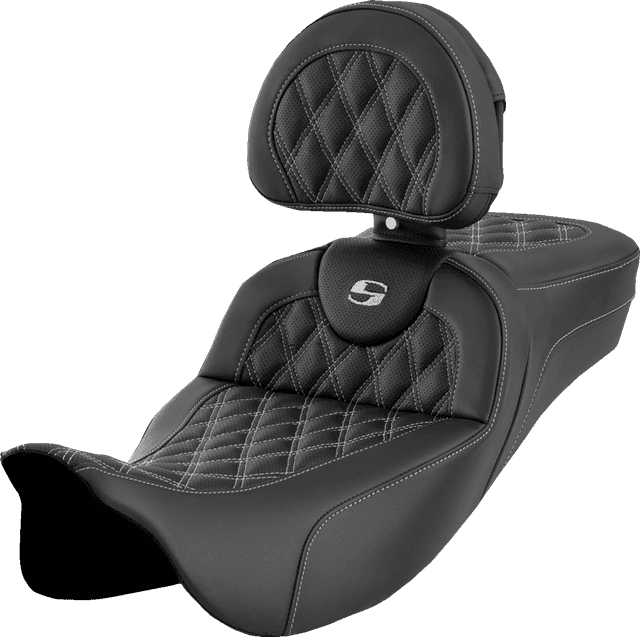 SADDLEMEN 0801-1623 Roadsofa™ Extended Reach Seat - Lattice Stitch - Silver Stitch - with Backrest - FL '08-'24 — image 1 of 2
