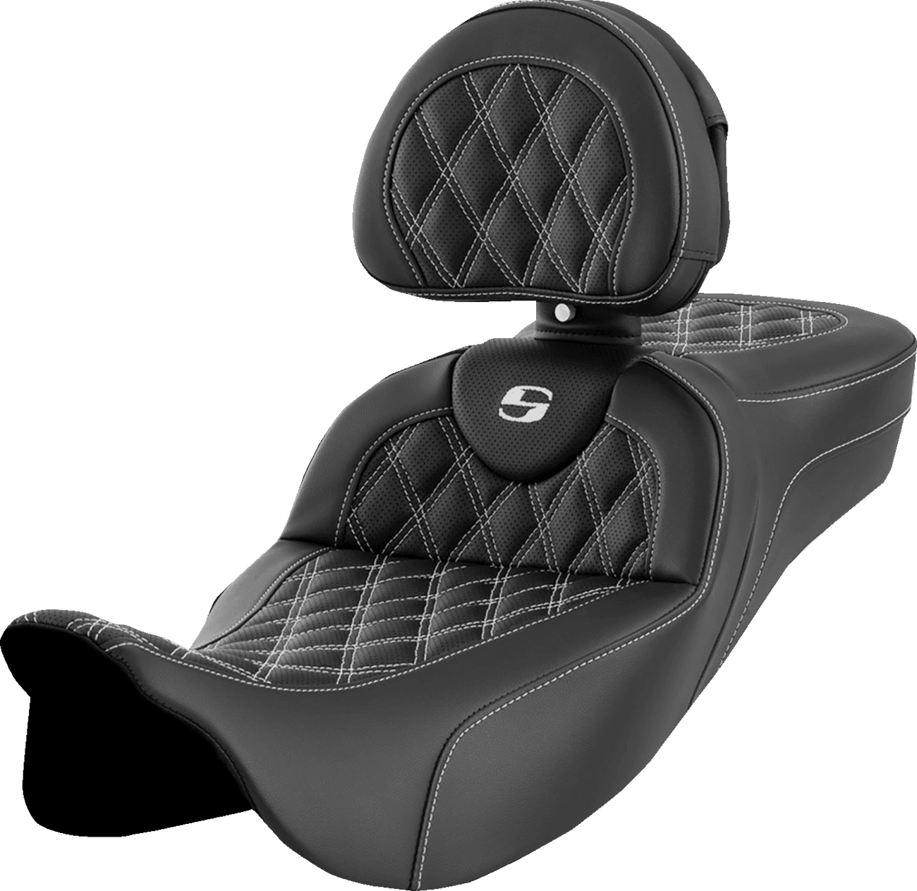 SADDLEMEN 0801-1625 Roadsofa™ Extended Reach Seat - Lattice Stitch - White Stitch - with Backrest - FL '08-'24