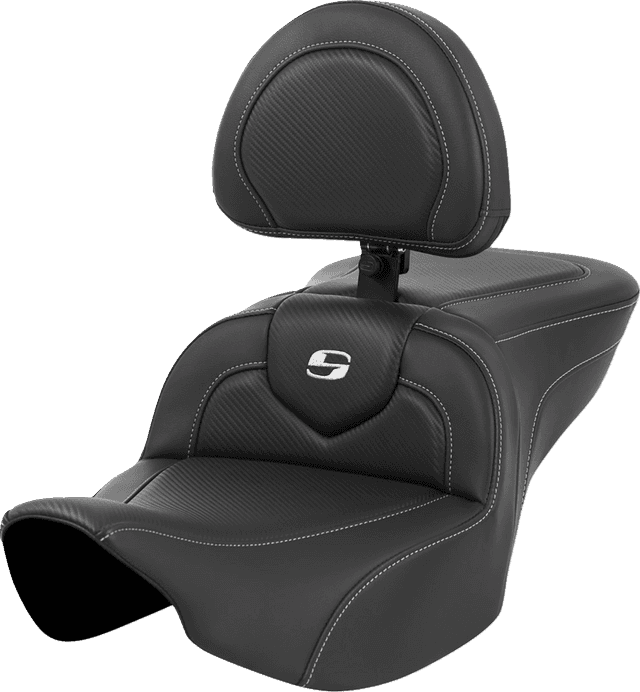 SADDLEMEN 0801-1632 Roadsofa™ Seat - Carbon Fiber - Silver Stitch/Silver Logo - with Backrest - FL '23-'24