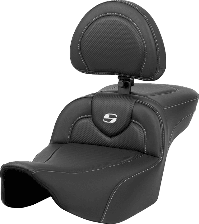 SADDLEMEN 0801-1634 Roadsofa™ Extended Reach Seat - Carbon Fiber - Silver Stitch/Silver Logo - w/ Backrest - FL '23-'24 — image 1 of 2