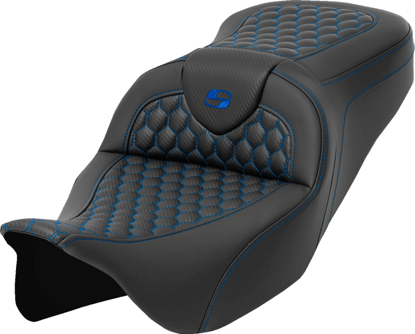 SADDLEMEN 0801-1640 RoadSofa™ Seat - Honeycomb - Blue Stitch - without Backrest - FLH/FLT '08-'23