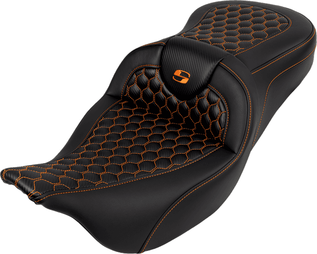 SADDLEMEN 0801-1641 RoadSofa™ Seat - Honeycomb - Orange Stitch - without Backrest - FLH/FLT '08-'23 — image 1 of 3