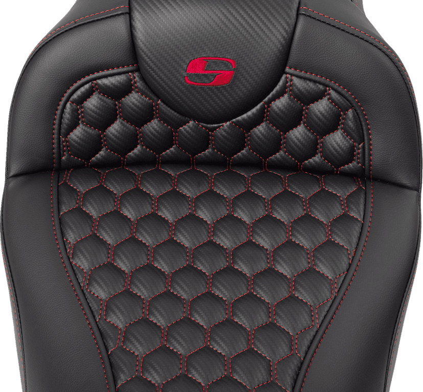 SADDLEMEN 0801-1643 RoadSofa™ Seat - Honeycomb - Red Stitch - with Backrest - FLH/FLT '08-'23 — image 5 of 6