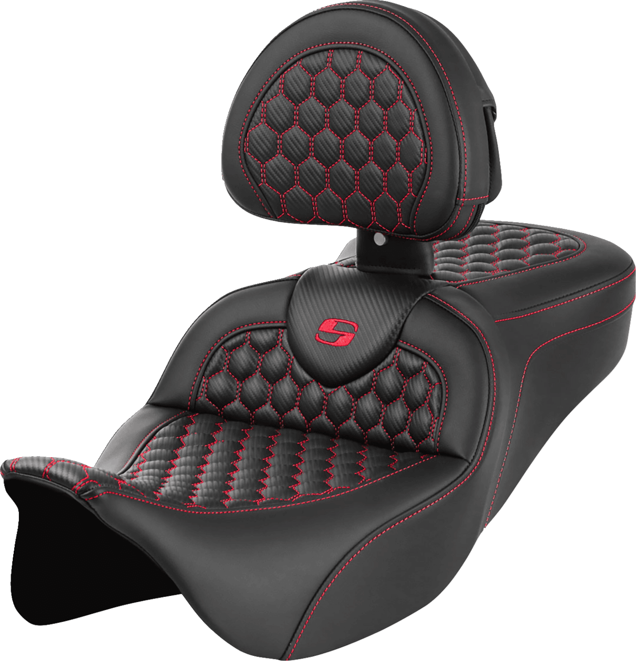 SADDLEMEN 0801-1643 RoadSofa™ Seat - Honeycomb - Red Stitch - with Backrest - FLH/FLT '08-'23