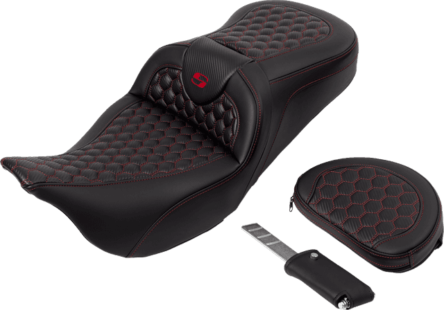 SADDLEMEN 0801-1643 RoadSofa™ Seat - Honeycomb - Red Stitch - with Backrest - FLH/FLT '08-'23 — image 2 of 6