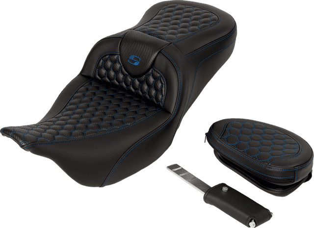 SADDLEMEN 0801-1644 RoadSofa™ Seat - Honeycomb - Blue Stitch - with Backrest - FLH/FLT '08-'23 — image 2 of 6