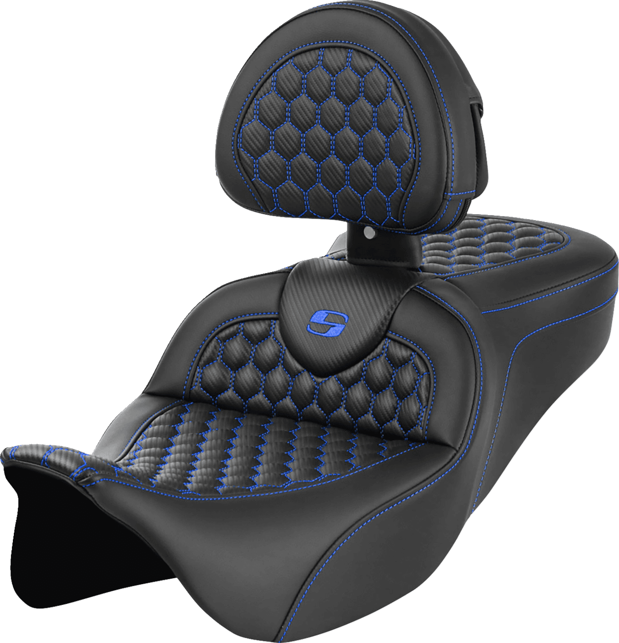 SADDLEMEN 0801-1644 RoadSofa™ Seat - Honeycomb - Blue Stitch - with Backrest - FLH/FLT '08-'23