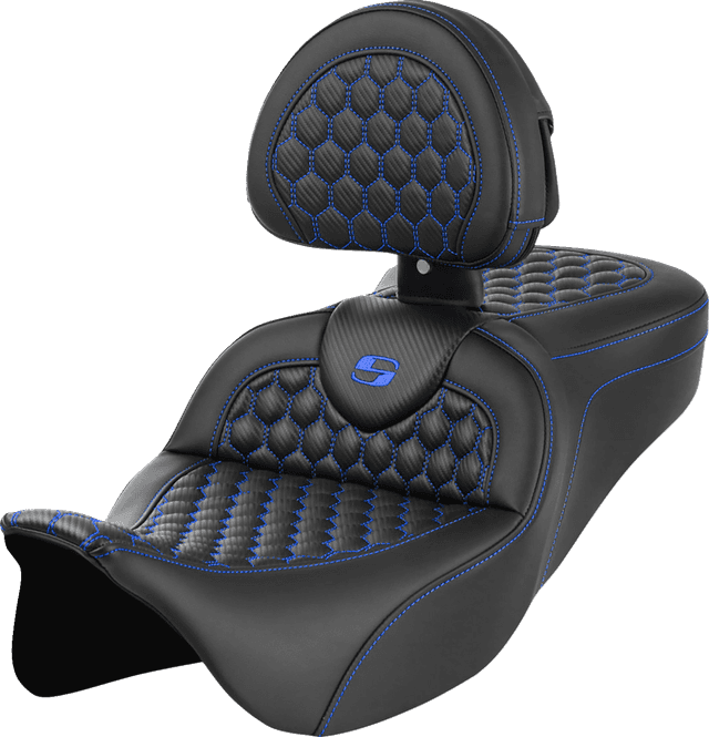 SADDLEMEN 0801-1644 RoadSofa™ Seat - Honeycomb - Blue Stitch - with Backrest - FLH/FLT '08-'23 — image 1 of 6