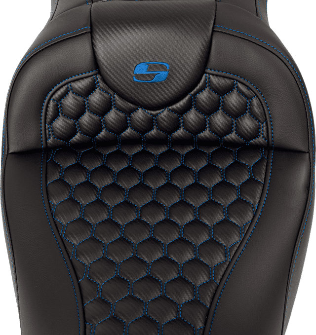 SADDLEMEN 0801-1644 RoadSofa™ Seat - Honeycomb - Blue Stitch - with Backrest - FLH/FLT '08-'23 — image 4 of 6