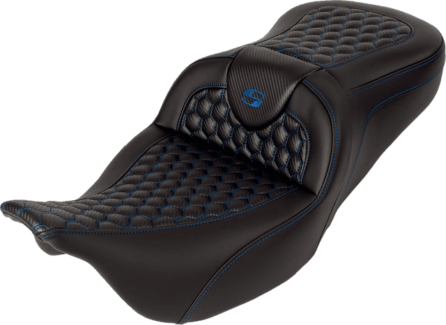SADDLEMEN 0801-1644 RoadSofa™ Seat - Honeycomb - Blue Stitch - with Backrest - FLH/FLT '08-'23 — image 5 of 6