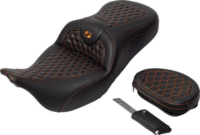 SADDLEMEN 0801-1645 RoadSofa™ Seat - Honeycomb - Orange Stitch - with Backrest - FLH/FLT '08-'23 — image 2 of 5