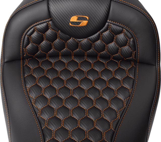 SADDLEMEN 0801-1645 RoadSofa™ Seat - Honeycomb - Orange Stitch - with Backrest - FLH/FLT '08-'23 — image 3 of 5