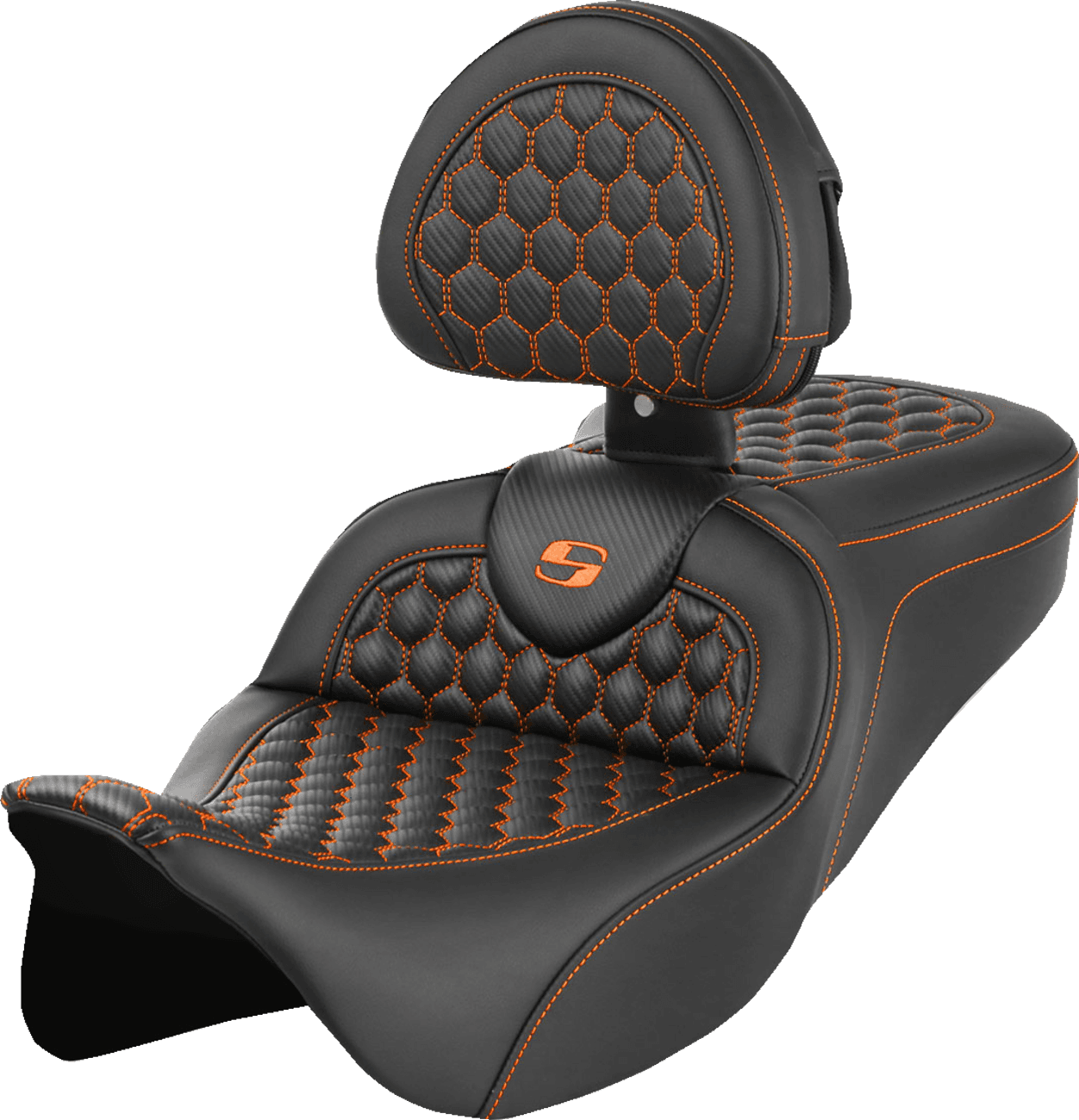 SADDLEMEN 0801-1645 RoadSofa™ Seat - Honeycomb - Orange Stitch - with Backrest - FLH/FLT '08-'23