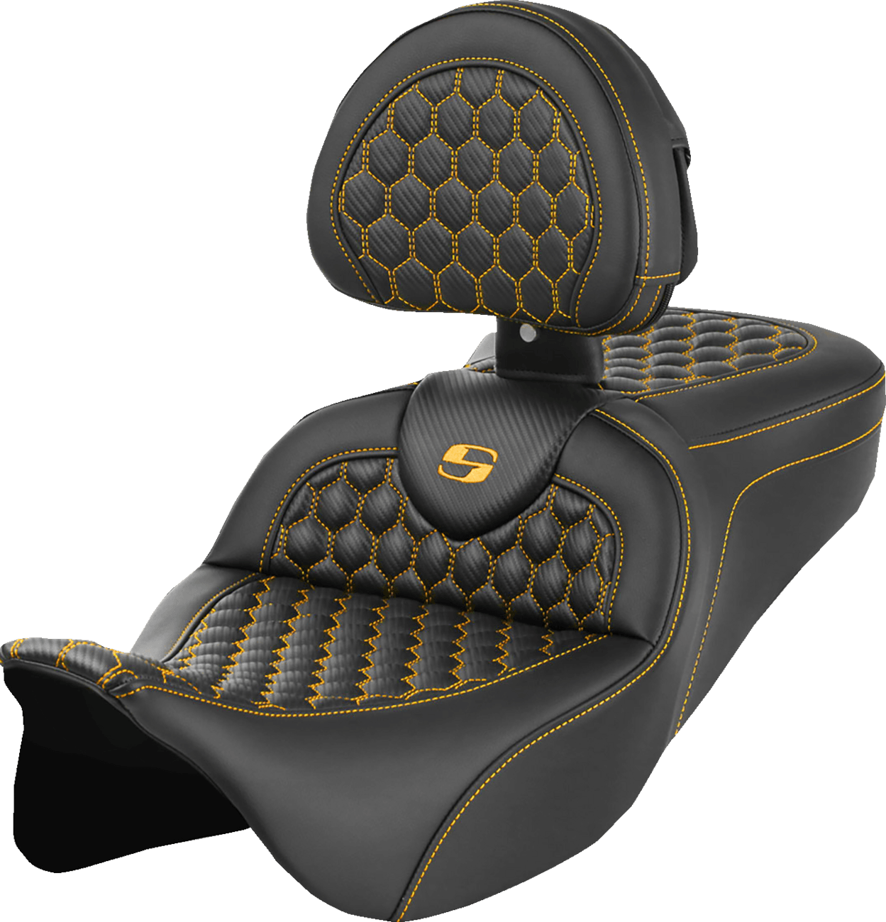 SADDLEMEN 0801-1646 RoadSofa™ Seat - Honeycomb - Gold Stitch - with Backrest - FLH/FLT '08-'23