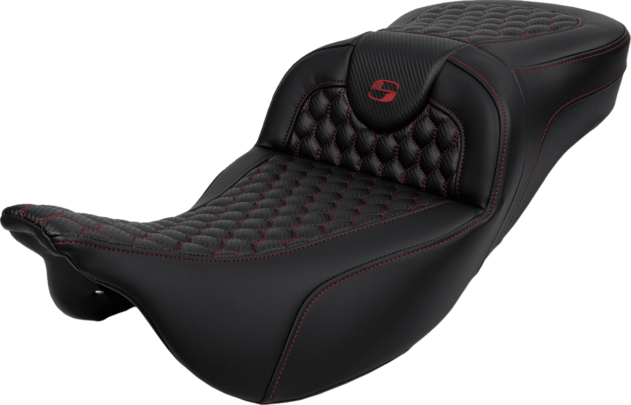 SADDLEMEN 0801-1647 RoadSofa™ Seat - Honeycomb - Red Stitch - Extended Reach - without Backrest - FLH/FLT '08-'24