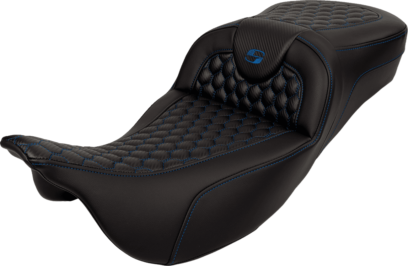 SADDLEMEN 0801-1648 RoadSofa™ Seat - Honeycomb - Blue Stitch - Extended Reach - without Backrest - FLH/FLT '08-'24