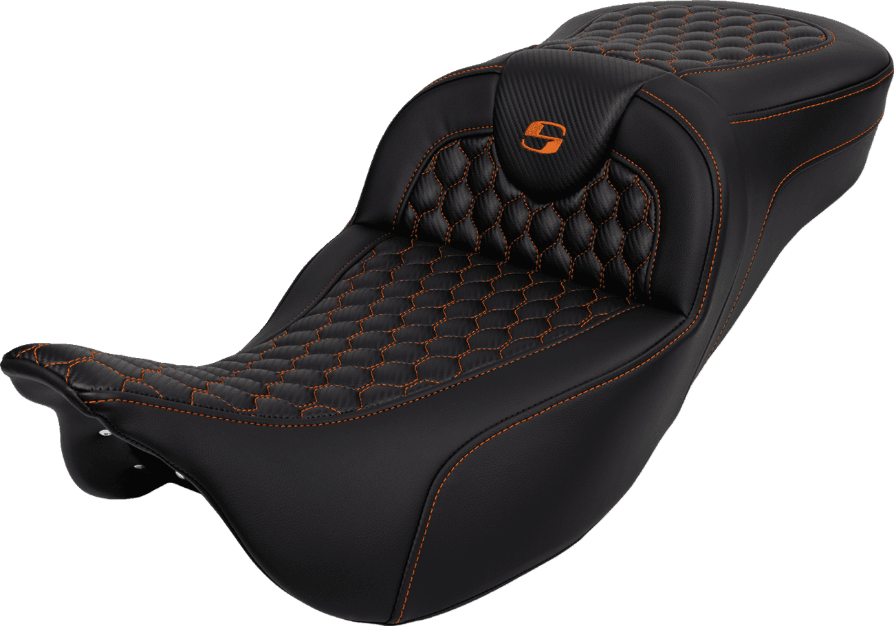 SADDLEMEN 0801-1649 RoadSofa™ Seat - Honeycomb - Orange Stitch - Extended Reach - without Backrest - FLH/FLT '08-'24