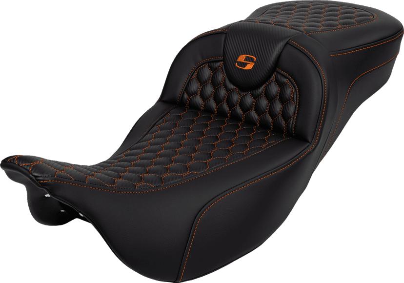 SADDLEMEN 0801-1649 RoadSofa™ Seat - Honeycomb - Orange Stitch - Extended Reach - without Backrest - FLH/FLT '08-'24 — image 1 of 4