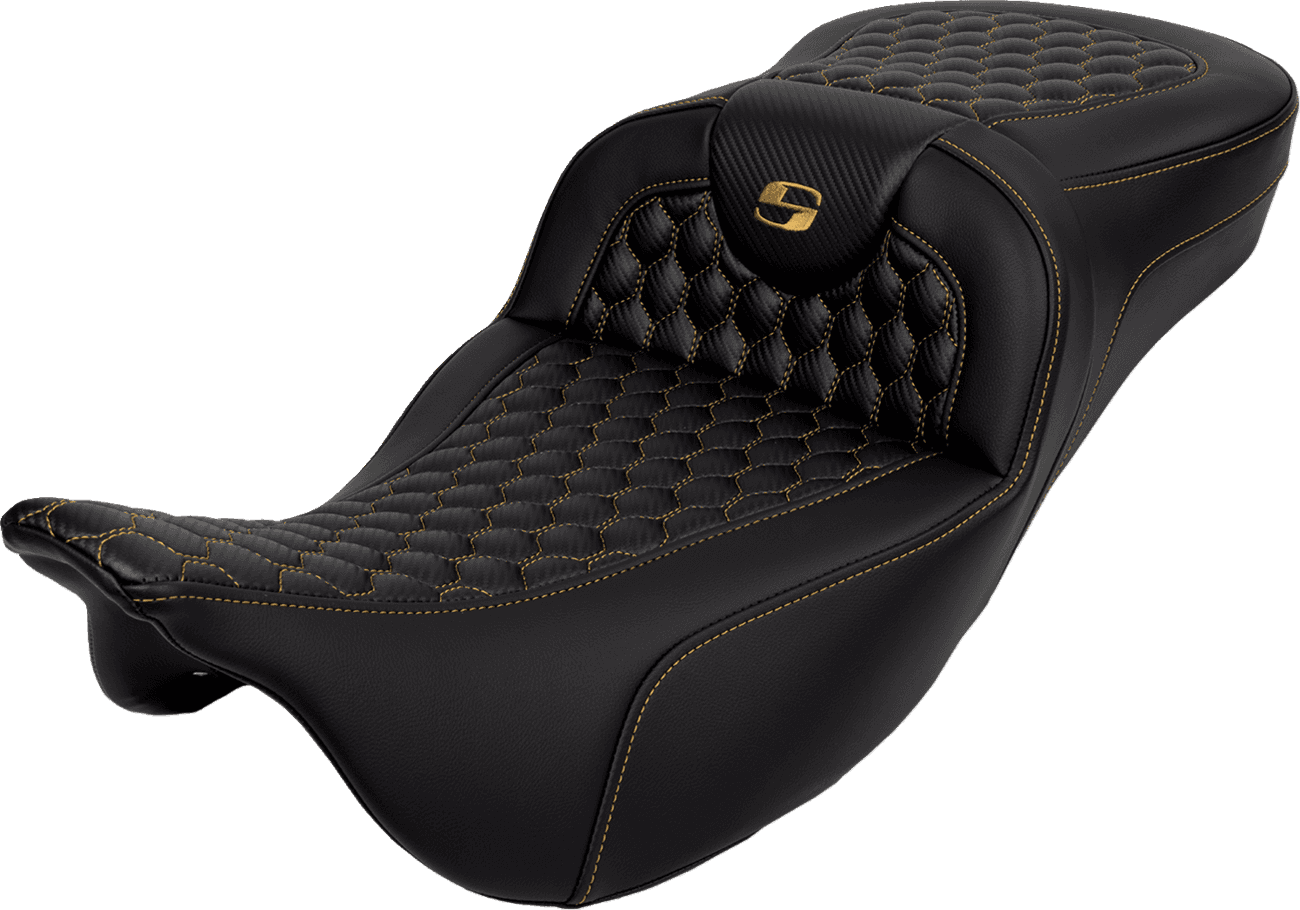 SADDLEMEN 0801-1650 RoadSofa™ Seat - Honeycomb - Gold Stitch - Extended Reach - without Backrest - FLH/FLT '08-'24