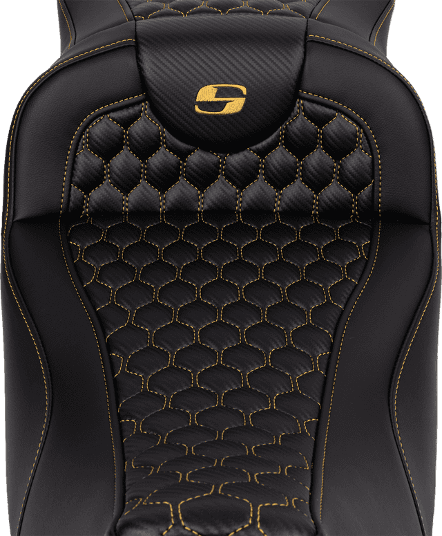 SADDLEMEN 0801-1650 RoadSofa™ Seat - Honeycomb - Gold Stitch - Extended Reach - without Backrest - FLH/FLT '08-'24 — image 3 of 4