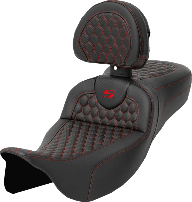 SADDLEMEN 0801-1651 RoadSofa™ Seat - Honeycomb - Red Stitch - with Backrest - Extended Reach - FLH/FLT '08-'24 — image 1 of 2