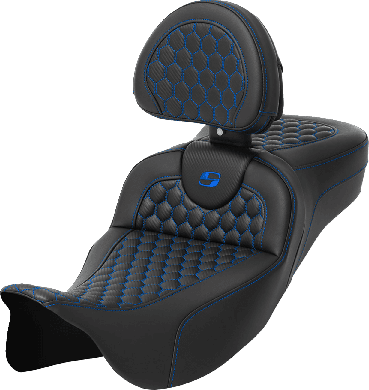SADDLEMEN 0801-1652 RoadSofa™ Seat - Honeycomb - Blue Stitch - with Backrest - Extended Reach - FLH/FLT '08-'24
