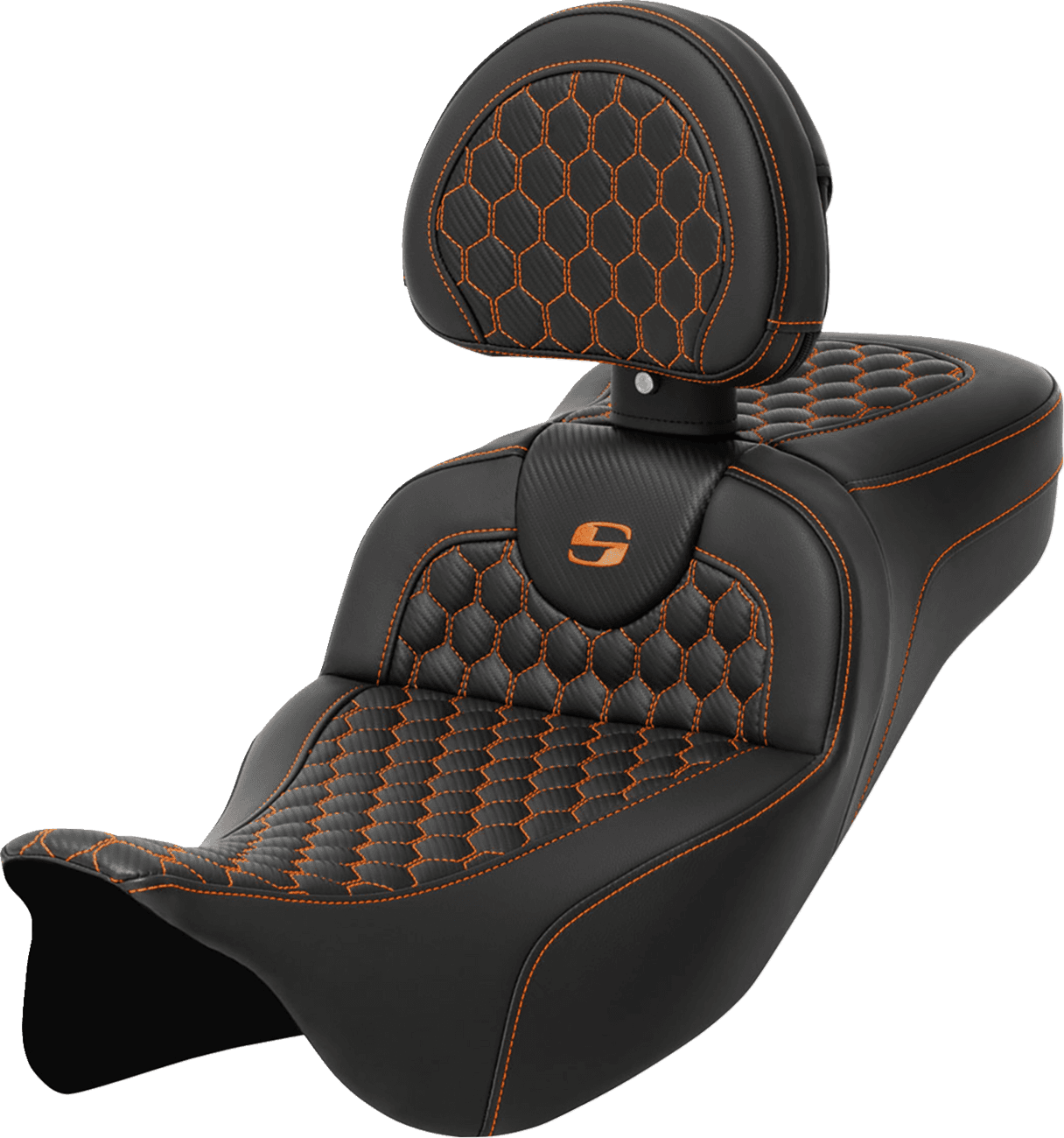 SADDLEMEN 0801-1653 RoadSofa™ Seat - Honeycomb - Orange Stitch - with Backrest - Extended Reach - FLH/FLT '08-'24