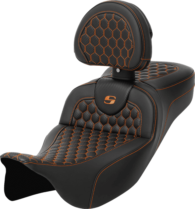 SADDLEMEN 0801-1653 RoadSofa™ Seat - Honeycomb - Orange Stitch - with Backrest - Extended Reach - FLH/FLT '08-'24