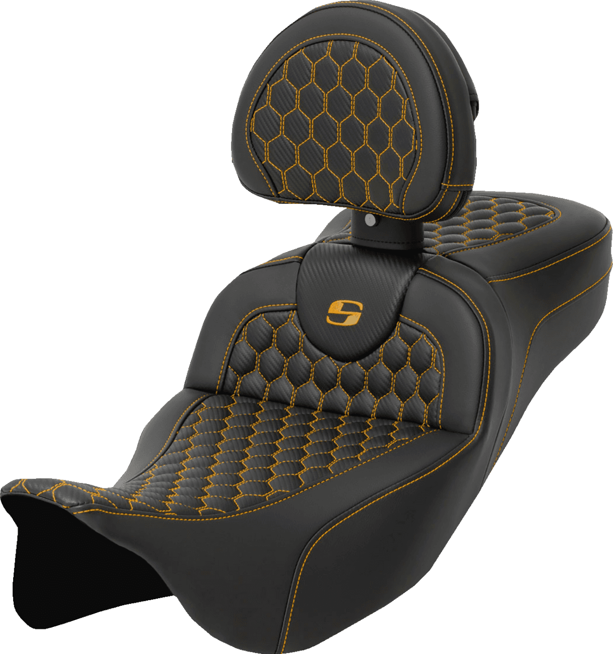 SADDLEMEN 0801-1654 RoadSofa™ Seat - Honeycomb - Gold Stitch - with Backrest - Extended Reach - FLH/FLT '08-'24