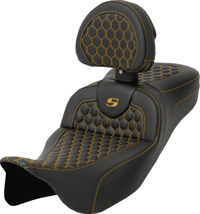 SADDLEMEN 0801-1654 RoadSofa™ Seat - Honeycomb - Gold Stitch - with Backrest - Extended Reach - FLH/FLT '08-'24 — image 1 of 4
