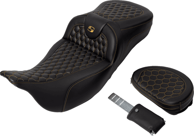 SADDLEMEN 0801-1654 RoadSofa™ Seat - Honeycomb - Gold Stitch - with Backrest - Extended Reach - FLH/FLT '08-'24 — image 4 of 4