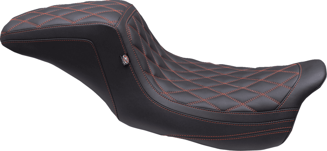MUSTANG 0801-1671 One Piece 2-Up Squareback Seat - Double Diamond - American Beauty Red/Orange Stitch - FL '08-'25