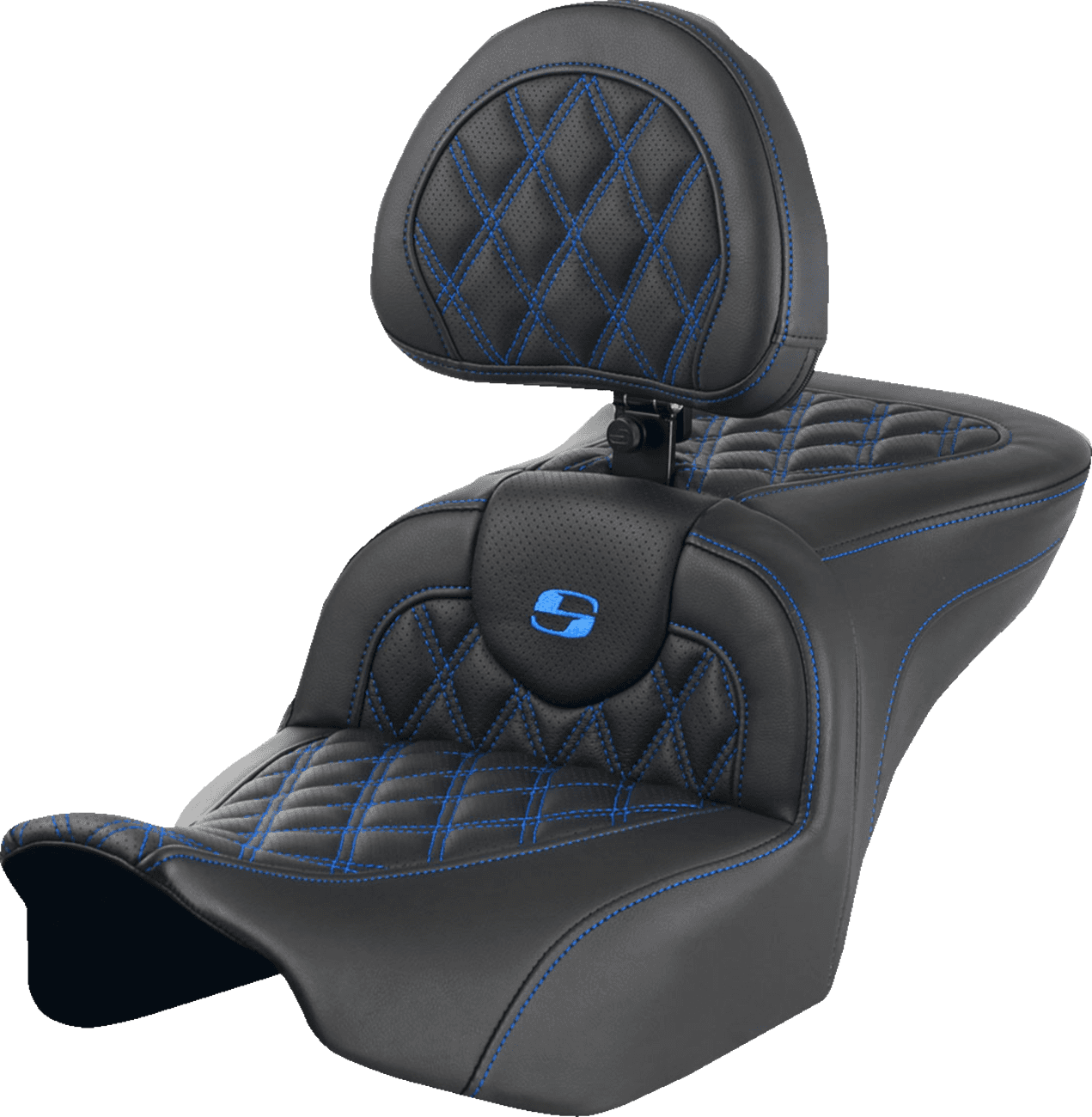 SADDLEMEN 0801-1719 RoadSofa™ Seat - with Backrest - Lattice Stitch - Blue Stitch - FLTR/FLHX '23-'24