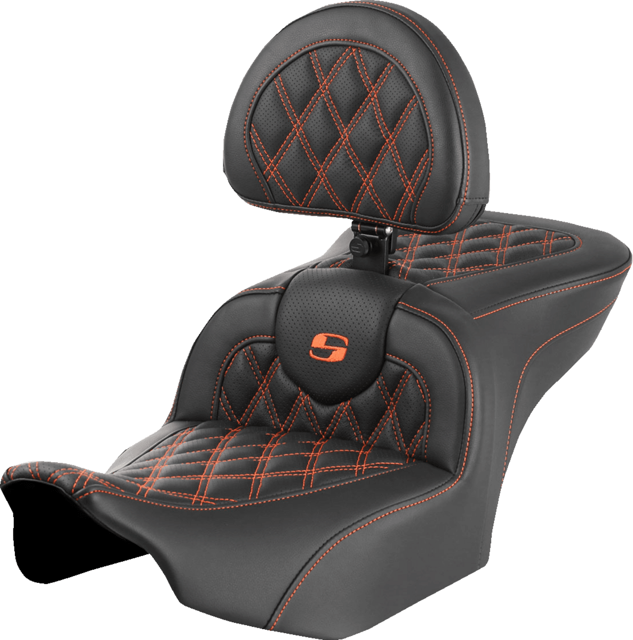 SADDLEMEN 0801-1721 RoadSofa™ Seat - with Backrest - Lattice Stitch - Orange Stitch - FLTR/FLHX '23-'24