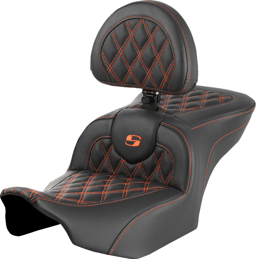 SADDLEMEN 0801-1721 RoadSofa™ Seat - with Backrest - Lattice Stitch - Orange Stitch - FLTR/FLHX '23-'24